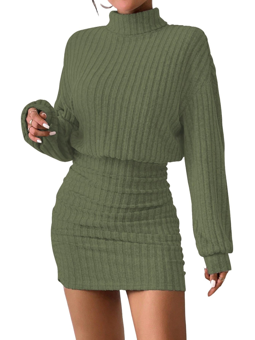 Women's Pullover Sweater Dress Long Lantern Sleeve Turtle Neck Cute Ribbed Knit Bodycon Mini Short Dress 2025 Fall