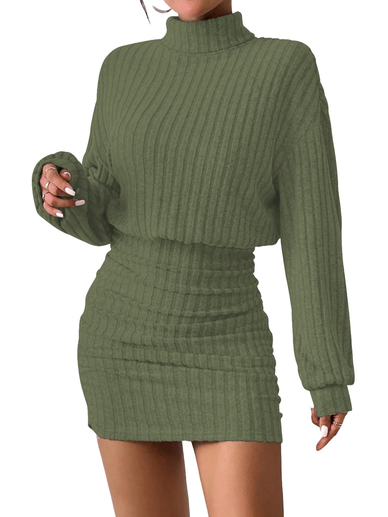 Women's Pullover Sweater Dress Long Lantern Sleeve Turtle Neck Cute Ribbed Knit Bodycon Mini Short Dress 2025 Fall