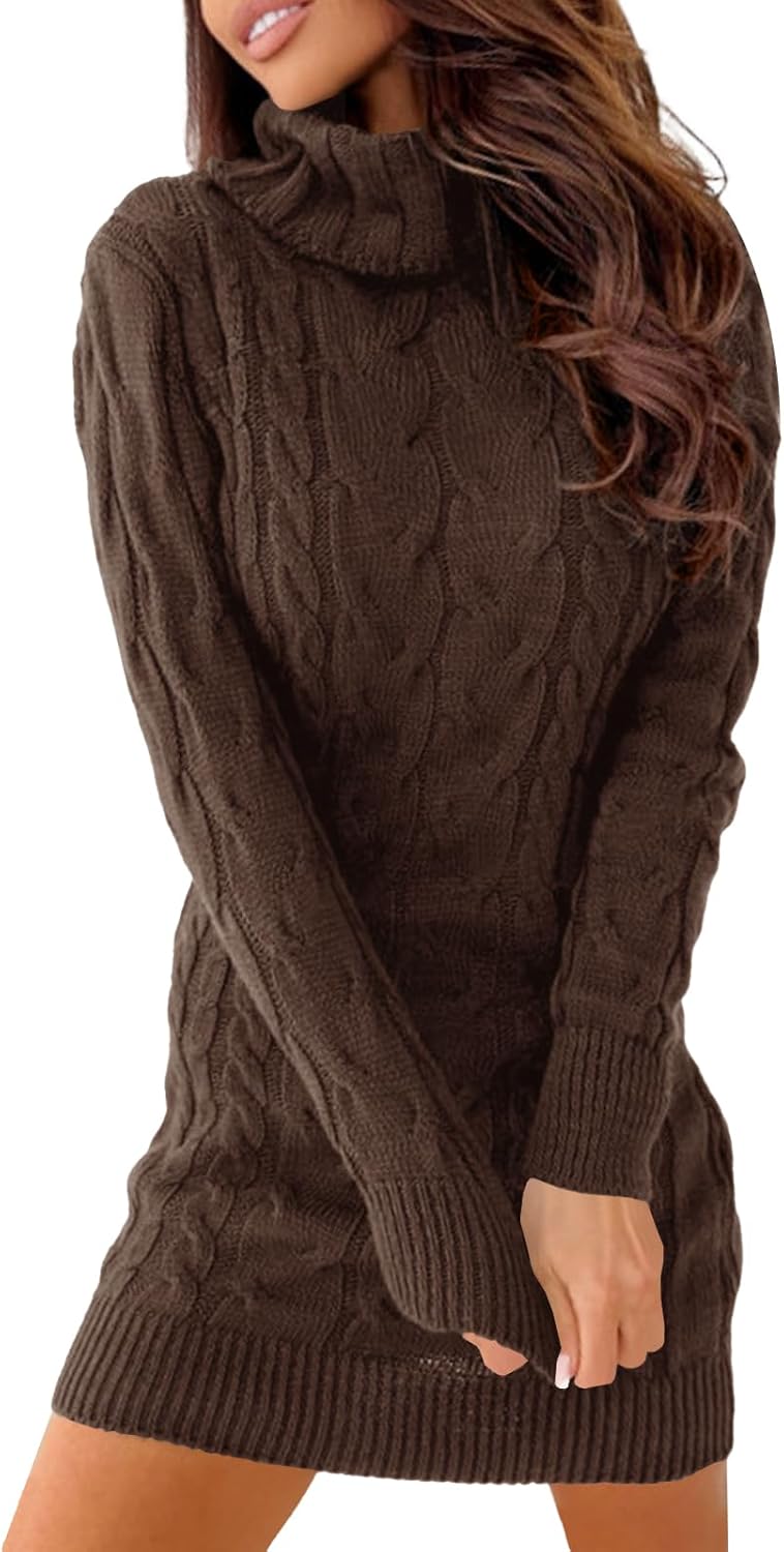 Langwyqu Womens Cable Knit Sweater Dress Sexy Long Sleeve Bodycon Turtleneck Mini Fall Sweaters Dresses