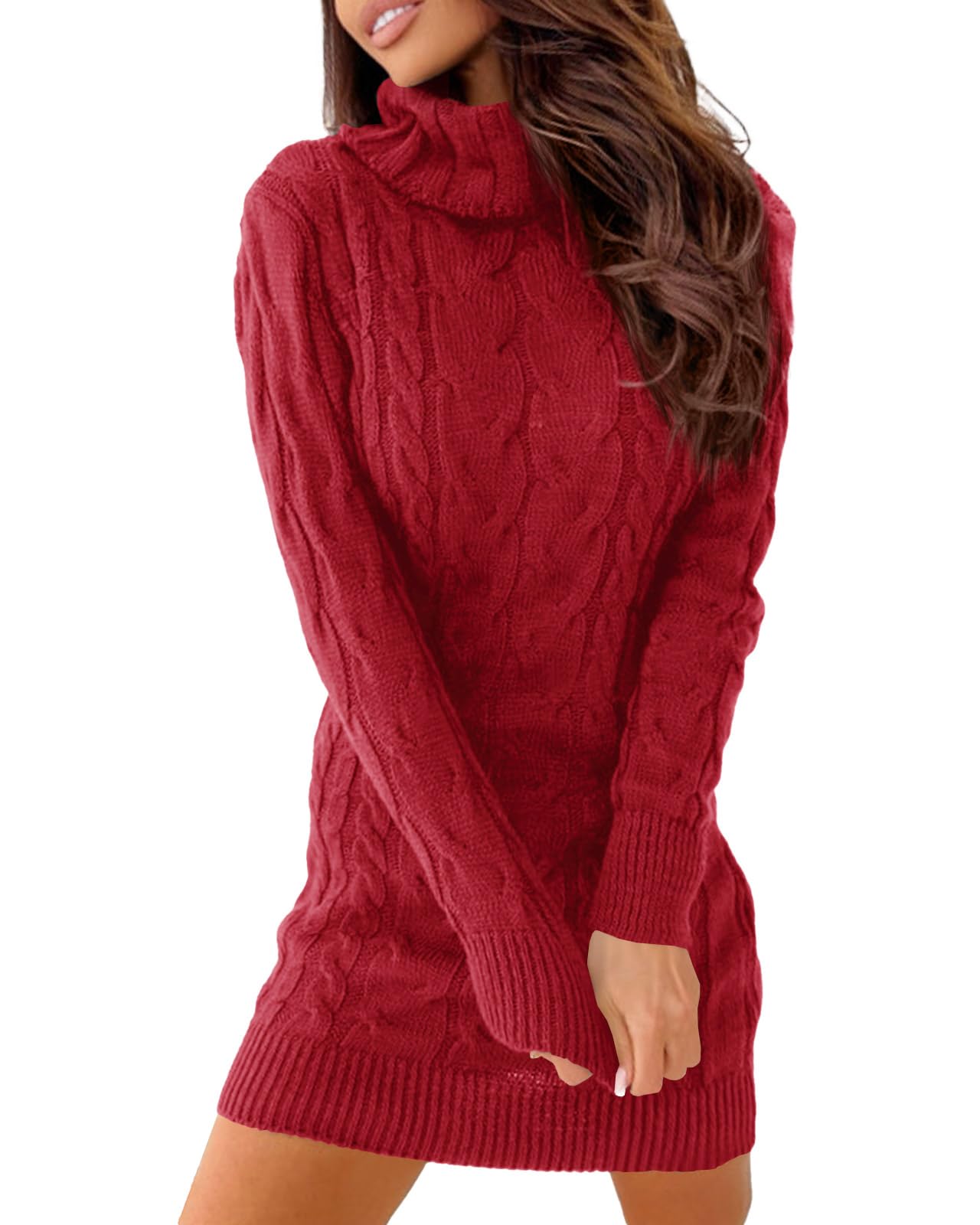 Langwyqu Womens Cable Knit Sweater Dress Sexy Long Sleeve Bodycon Turtleneck Mini Fall Sweaters Dresses