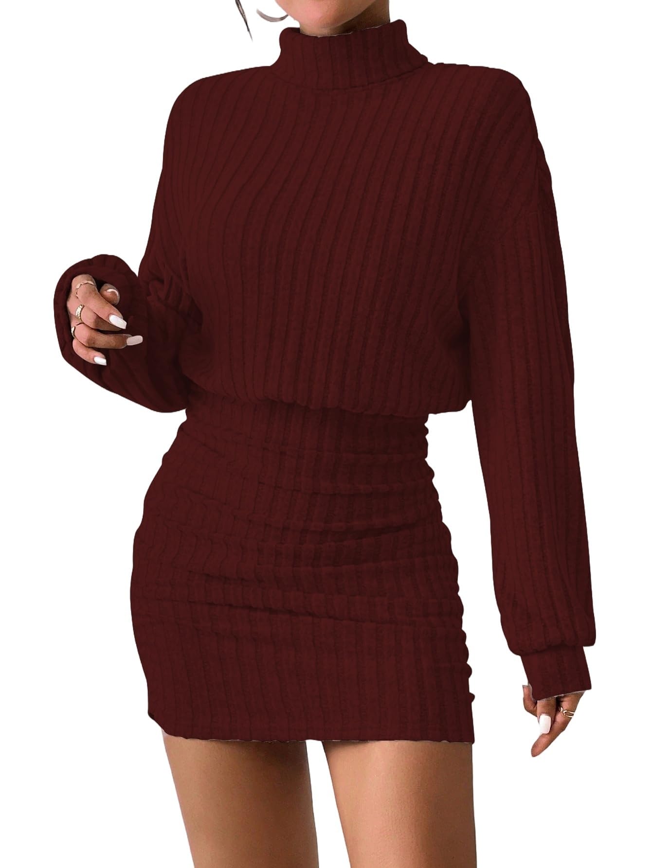 Women's Pullover Sweater Dress Long Lantern Sleeve Turtle Neck Cute Ribbed Knit Bodycon Mini Short Dress 2025 Fall