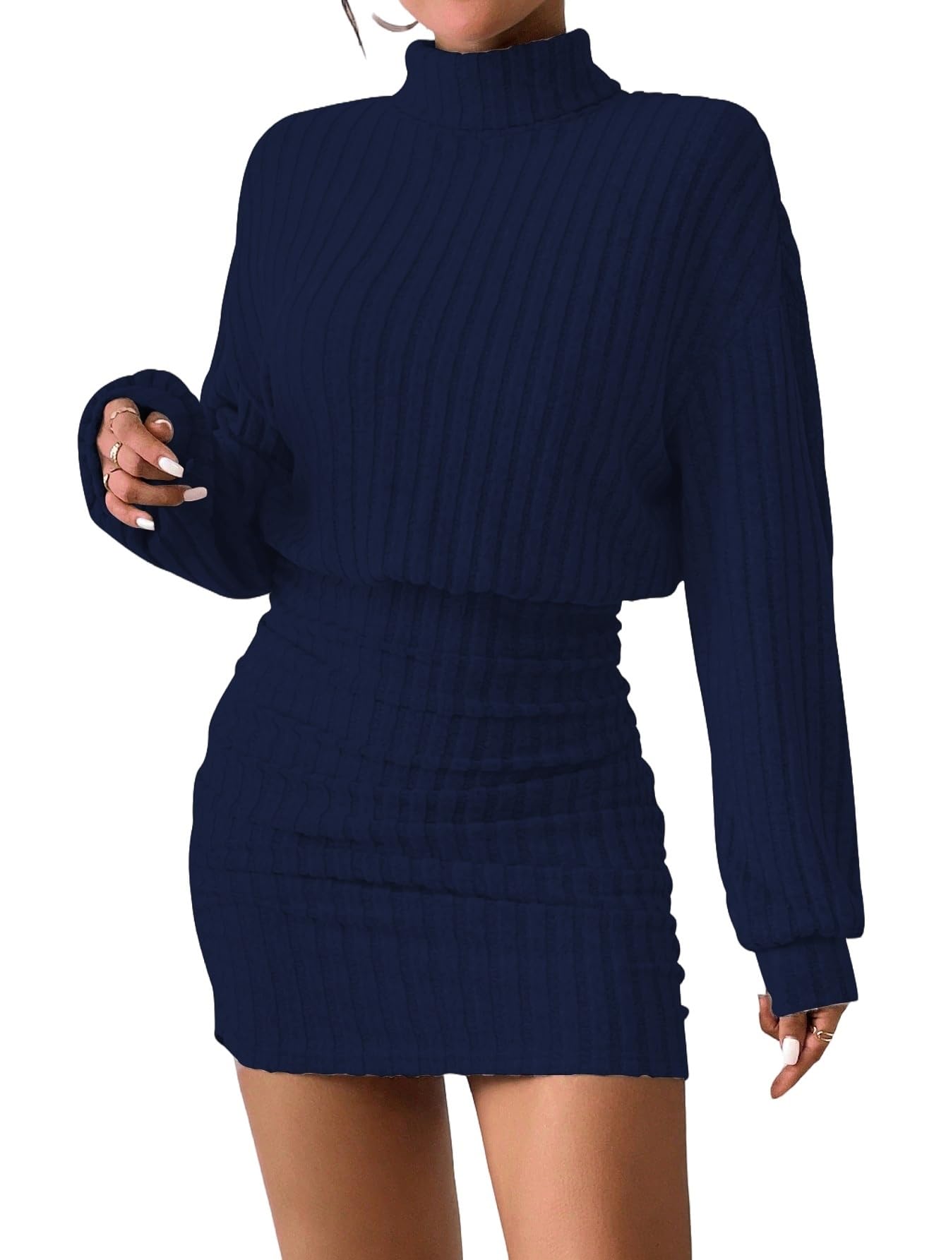Women's Pullover Sweater Dress Long Lantern Sleeve Turtle Neck Cute Ribbed Knit Bodycon Mini Short Dress 2025 Fall