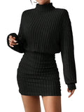 Women's Pullover Sweater Dress Long Lantern Sleeve Turtle Neck Cute Ribbed Knit Bodycon Mini Short Dress 2025 Fall