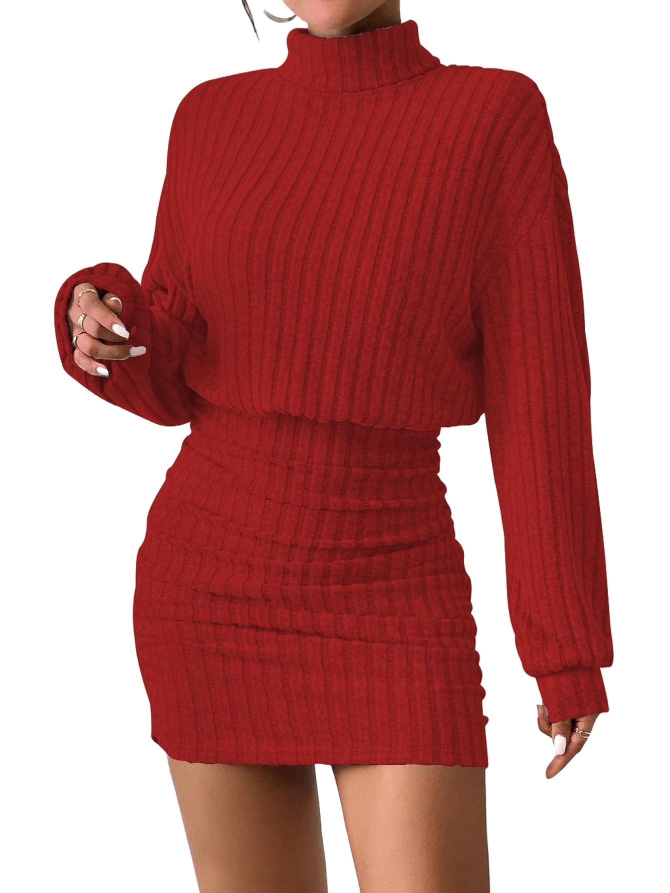 Women's Pullover Sweater Dress Long Lantern Sleeve Turtle Neck Cute Ribbed Knit Bodycon Mini Short Dress 2025 Fall