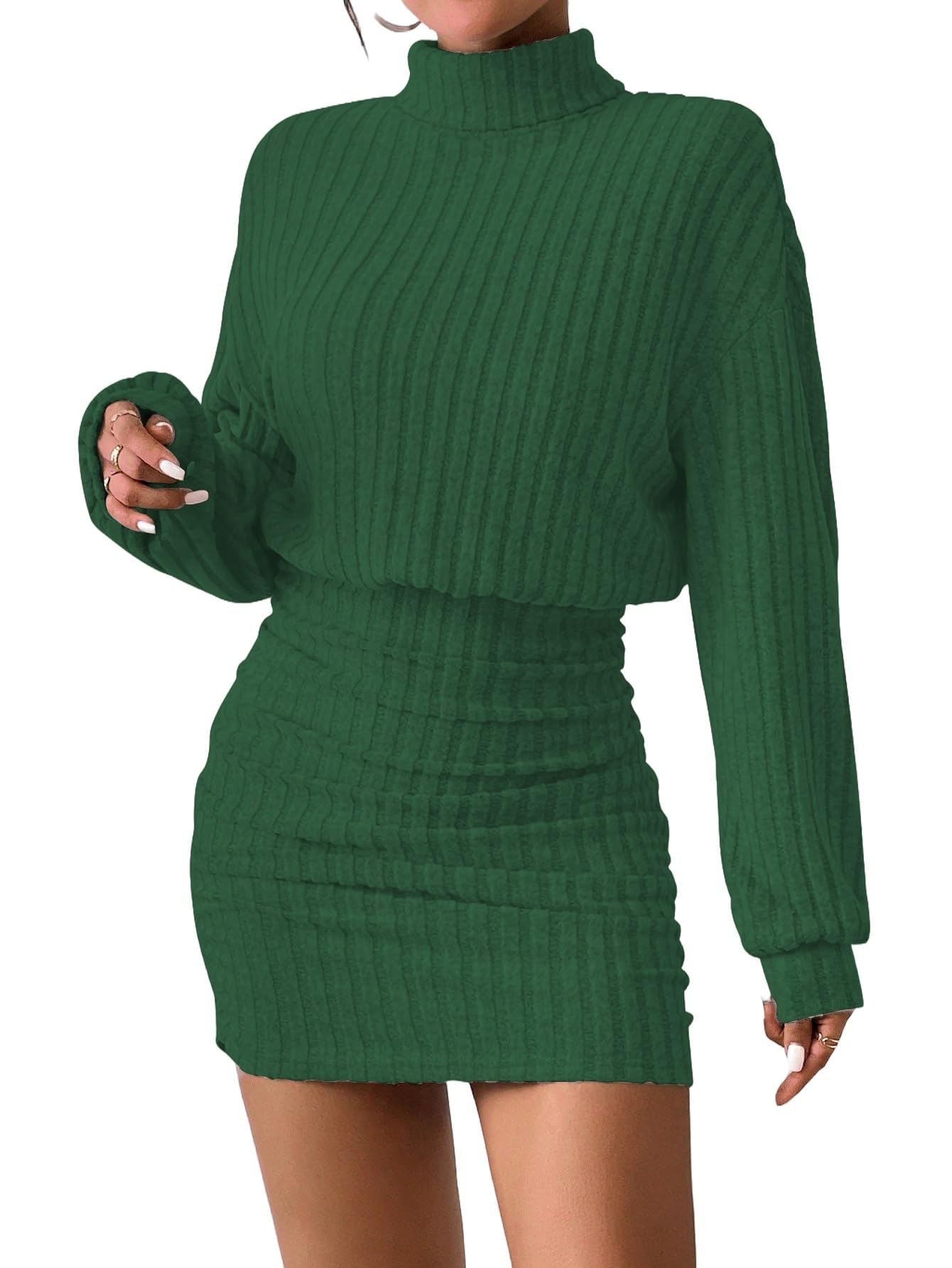 Women's Pullover Sweater Dress Long Lantern Sleeve Turtle Neck Cute Ribbed Knit Bodycon Mini Short Dress 2025 Fall