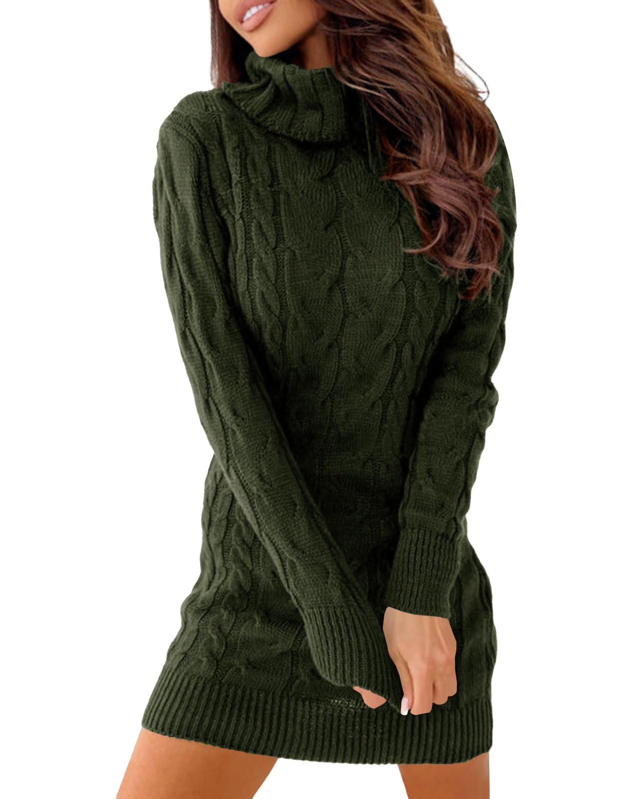 Langwyqu Womens Cable Knit Sweater Dress Sexy Long Sleeve Bodycon Turtleneck Mini Fall Sweaters Dresses