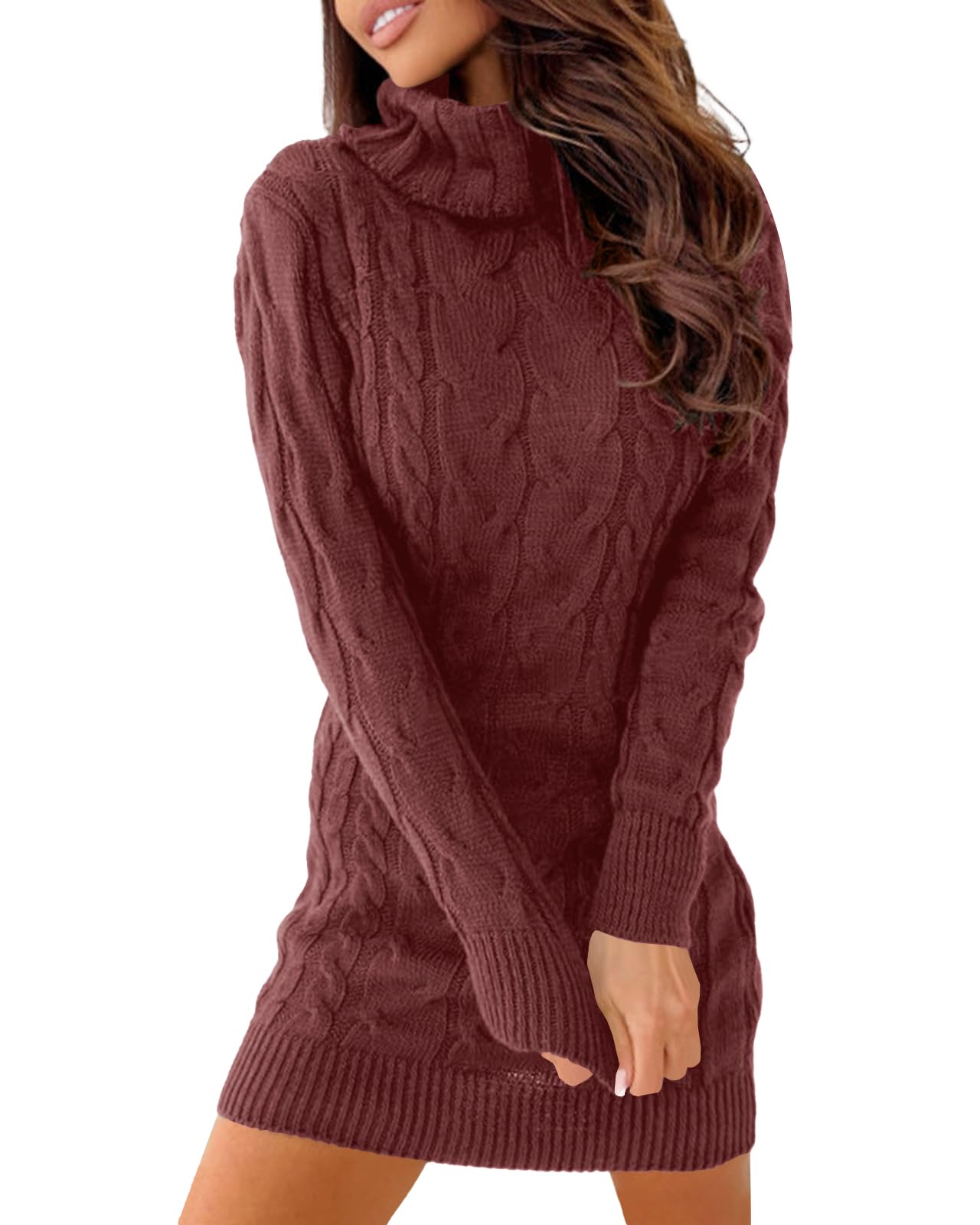 Langwyqu Womens Cable Knit Sweater Dress Sexy Long Sleeve Bodycon Turtleneck Mini Fall Sweaters Dresses