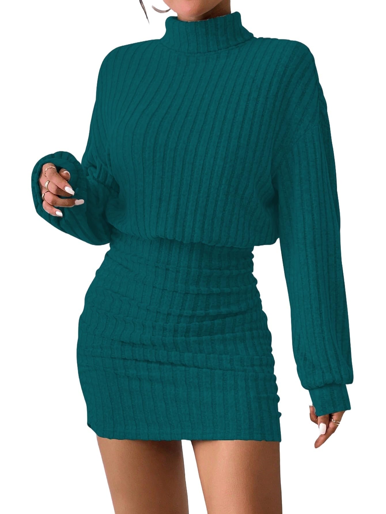 Women's Pullover Sweater Dress Long Lantern Sleeve Turtle Neck Cute Ribbed Knit Bodycon Mini Short Dress 2025 Fall