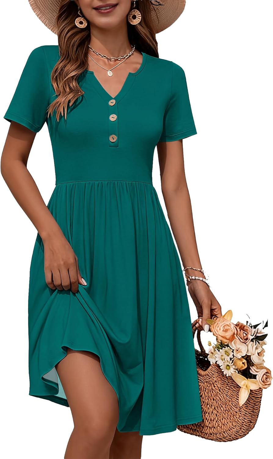 WNEEDU 2026 Summer Dress for Women V Neck Button Down Elastic Waist Sundress Casual Short Sleeve Midi Dresses with Pockets