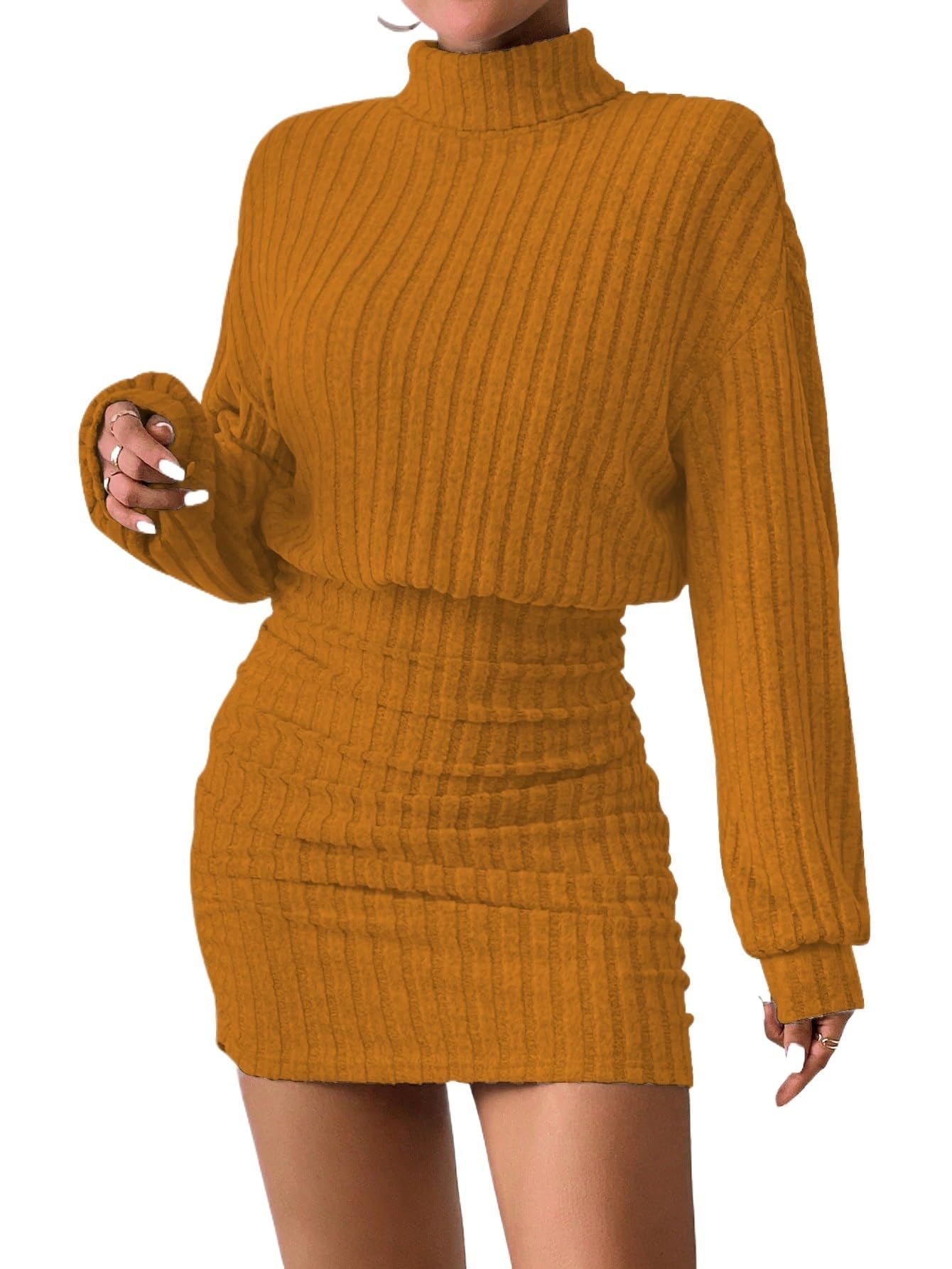 Women's Pullover Sweater Dress Long Lantern Sleeve Turtle Neck Cute Ribbed Knit Bodycon Mini Short Dress 2025 Fall
