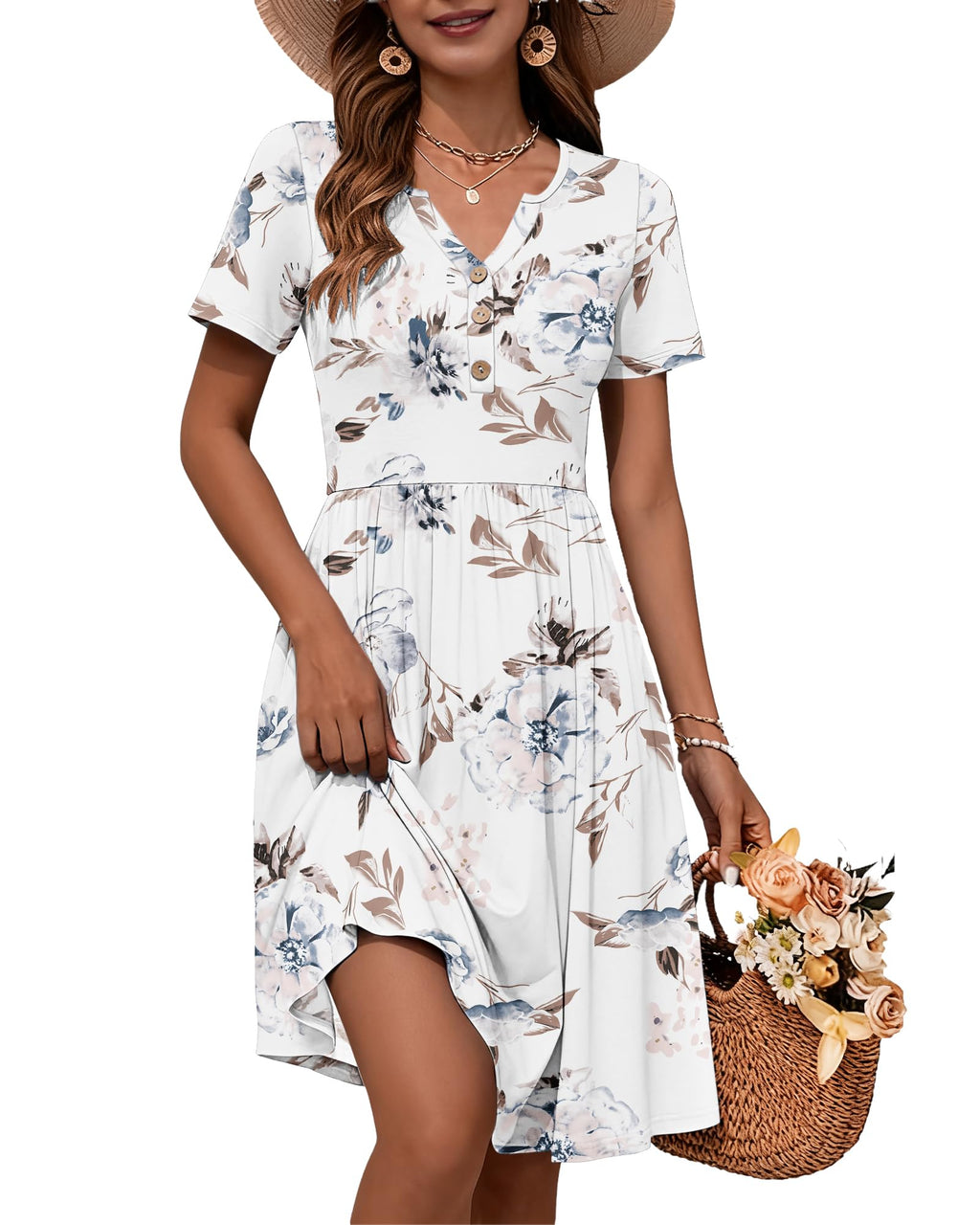 WNEEDU 2026 Summer Dress for Women V Neck Button Down Elastic Waist Sundress Casual Short Sleeve Midi Dresses with Pockets