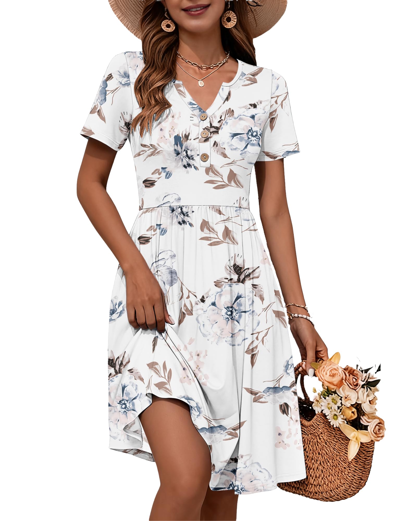 WNEEDU 2026 Summer Dress for Women V Neck Button Down Elastic Waist Sundress Casual Short Sleeve Midi Dresses with Pockets