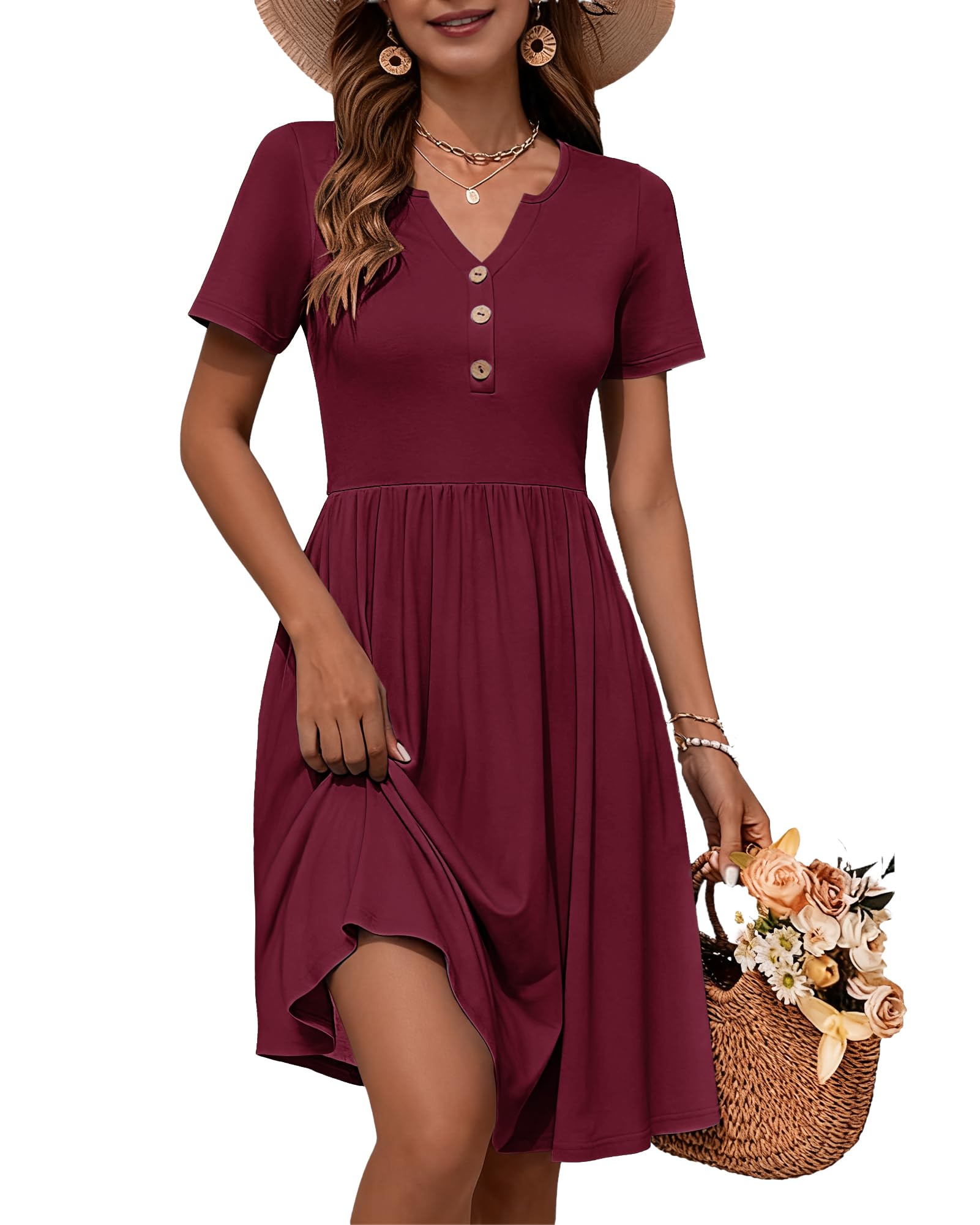 WNEEDU 2026 Summer Dress for Women V Neck Button Down Elastic Waist Sundress Casual Short Sleeve Midi Dresses with Pockets