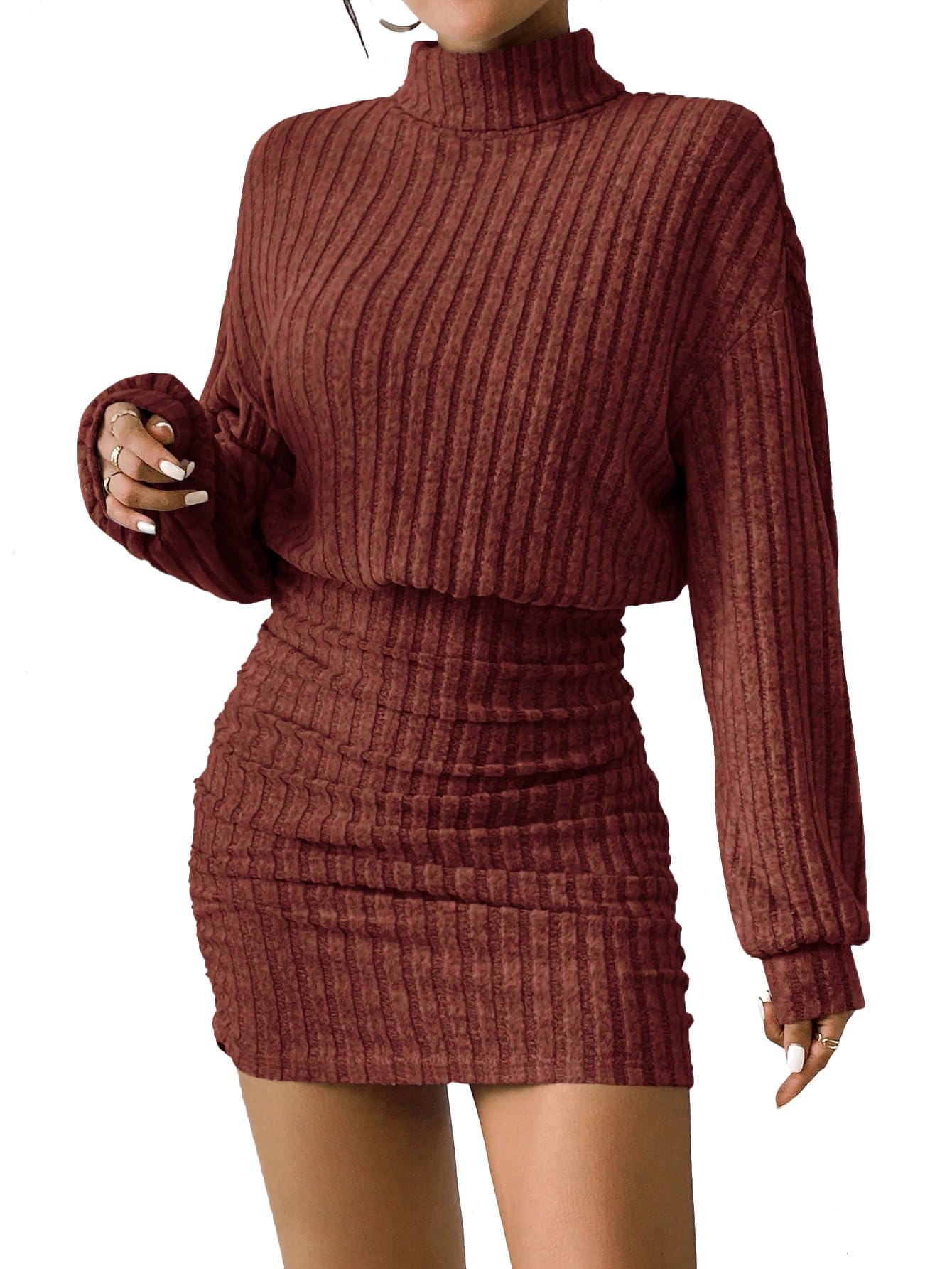Women's Pullover Sweater Dress Long Lantern Sleeve Turtle Neck Cute Ribbed Knit Bodycon Mini Short Dress 2025 Fall