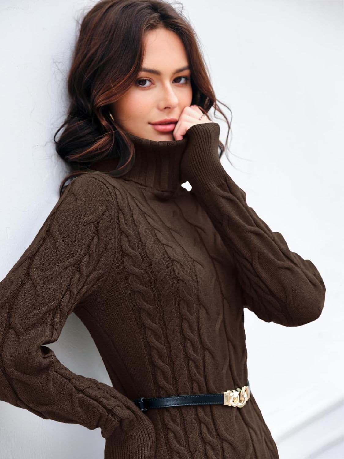 Langwyqu Womens Cable Knit Sweater Dress Sexy Long Sleeve Bodycon Turtleneck Mini Fall Sweaters Dresses