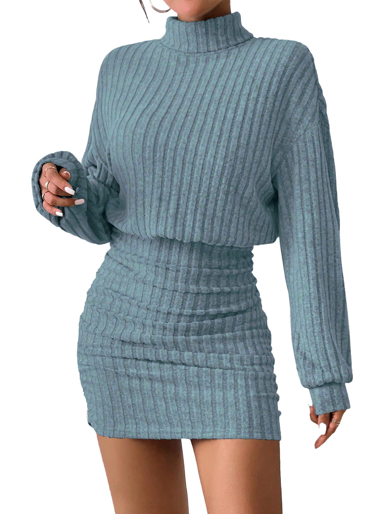 Women's Pullover Sweater Dress Long Lantern Sleeve Turtle Neck Cute Ribbed Knit Bodycon Mini Short Dress 2025 Fall