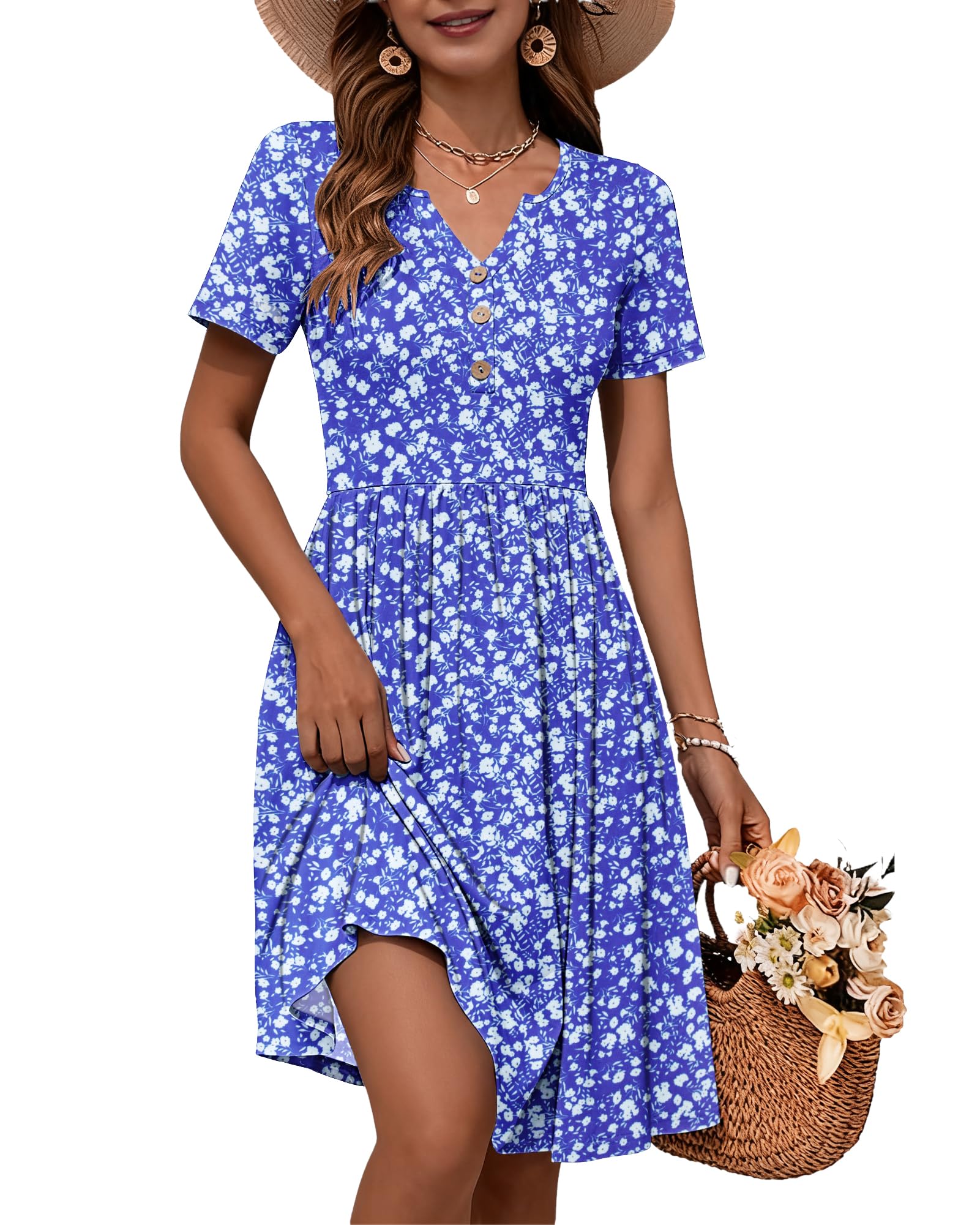 WNEEDU 2026 Summer Dress for Women V Neck Button Down Elastic Waist Sundress Casual Short Sleeve Midi Dresses with Pockets