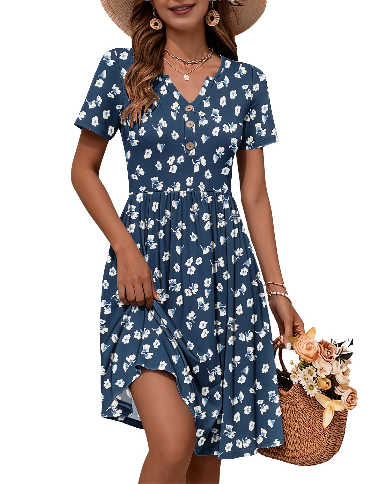 WNEEDU 2026 Summer Dress for Women V Neck Button Down Elastic Waist Sundress Casual Short Sleeve Midi Dresses with Pockets