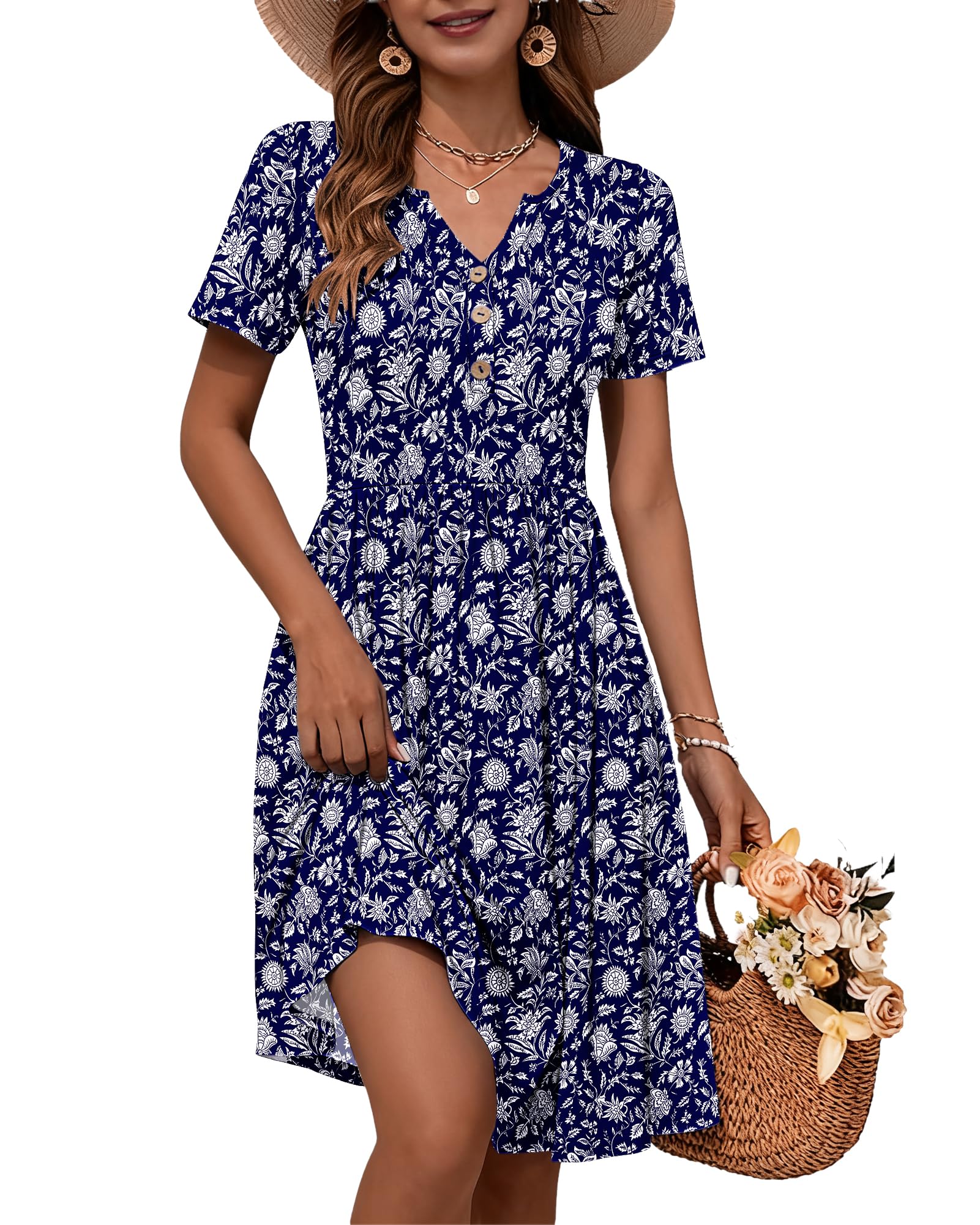 WNEEDU 2026 Summer Dress for Women V Neck Button Down Elastic Waist Sundress Casual Short Sleeve Midi Dresses with Pockets