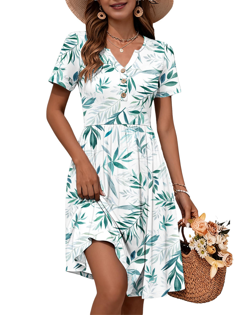 WNEEDU 2026 Summer Dress for Women V Neck Button Down Elastic Waist Sundress Casual Short Sleeve Midi Dresses with Pockets