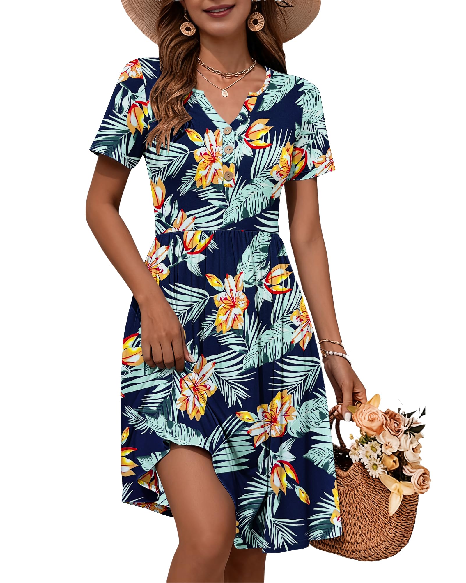 WNEEDU 2026 Summer Dress for Women V Neck Button Down Elastic Waist Sundress Casual Short Sleeve Midi Dresses with Pockets